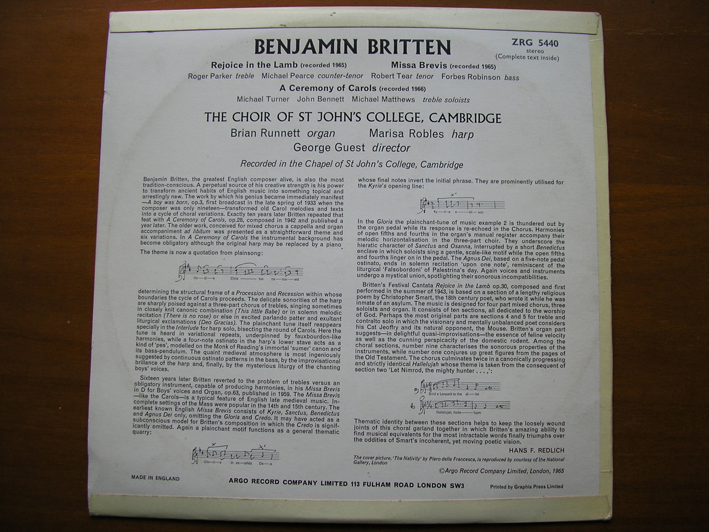BRITTEN: A CEREMONY OF CAROLS / MISSA BREVIS SOLOISTS / ST JOHN'S COLLEGE CMBRIDGE / GUEST ZRG 5440