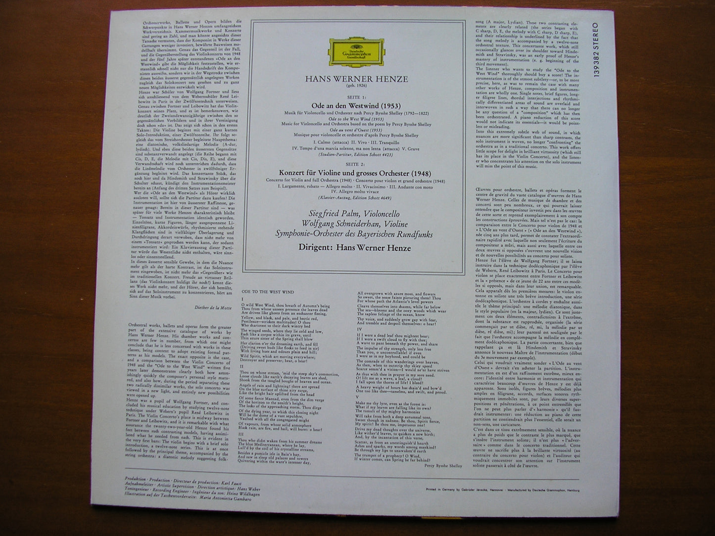 HENZE: ODE TO THE WEST WIND / VIOLIN CONCERTO PALM / SCHNEIDERHAN / BAVARIAN RADIO SYMPHONY / HENZE 139 382