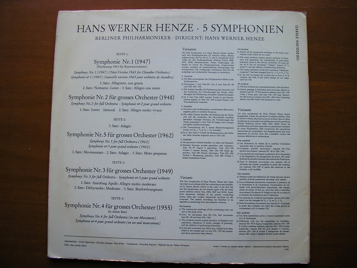 HENZE: FIVE SYMPHONIES HENZE / BERLIN PHILHARMONIC 2LP 139 203 / 4