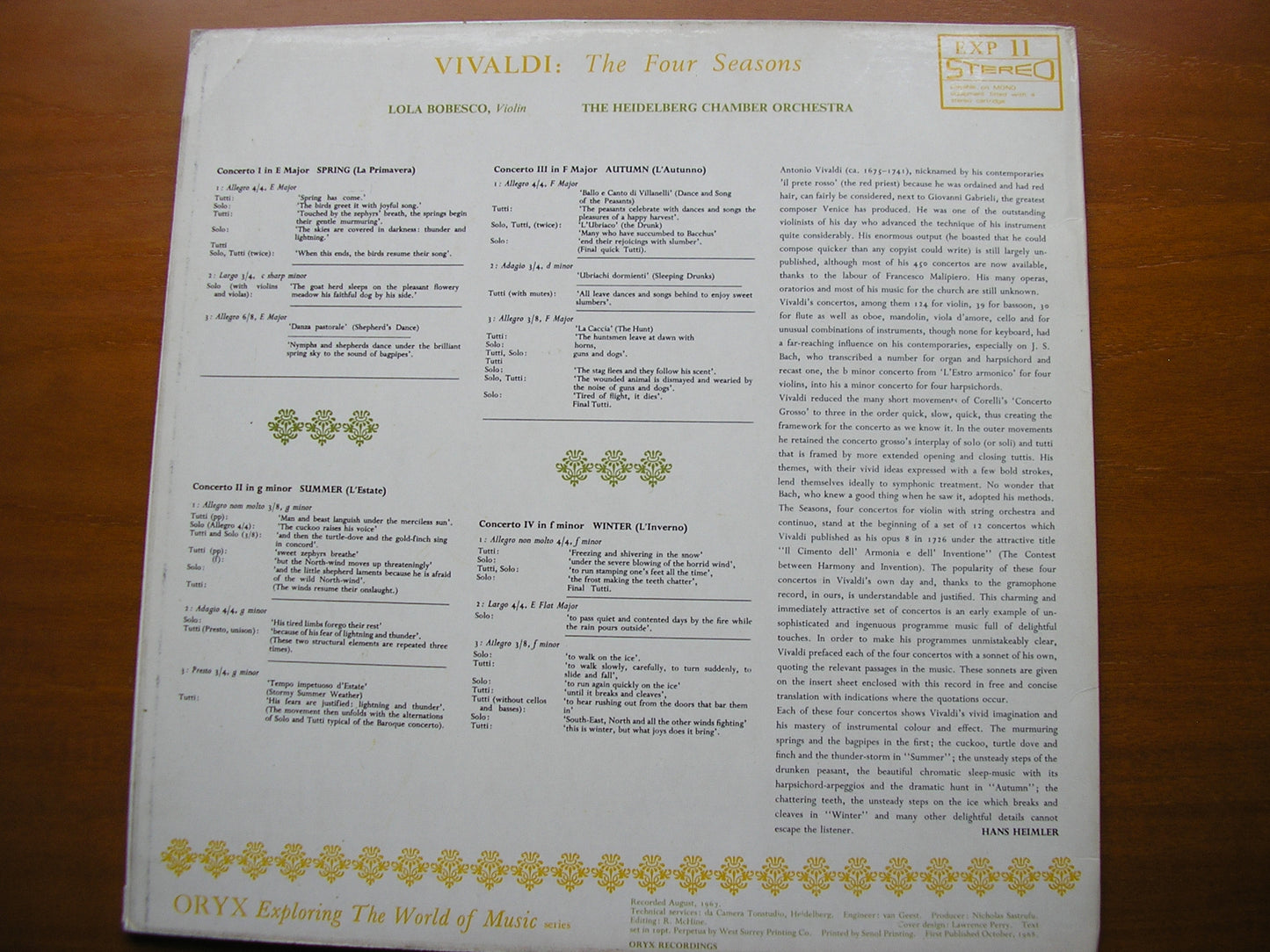 VIVALDI: THE FOUR SEASONS     BOBESCO / HEIDELBERG CHAMBER ORCHESTRA          EXP 11