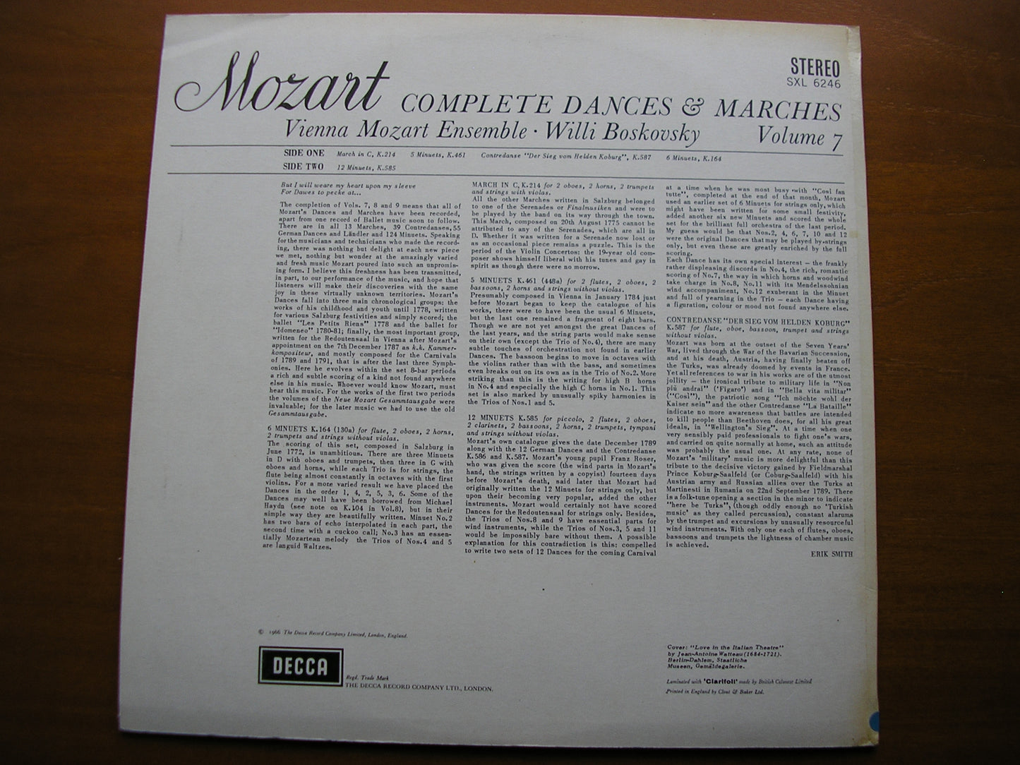 SXL 6246 MOZART: COMPLETE DANCES & MARCHES Volume 7 BOSKOVSKY / VIENNA MOZART ENSEMBLE ED1