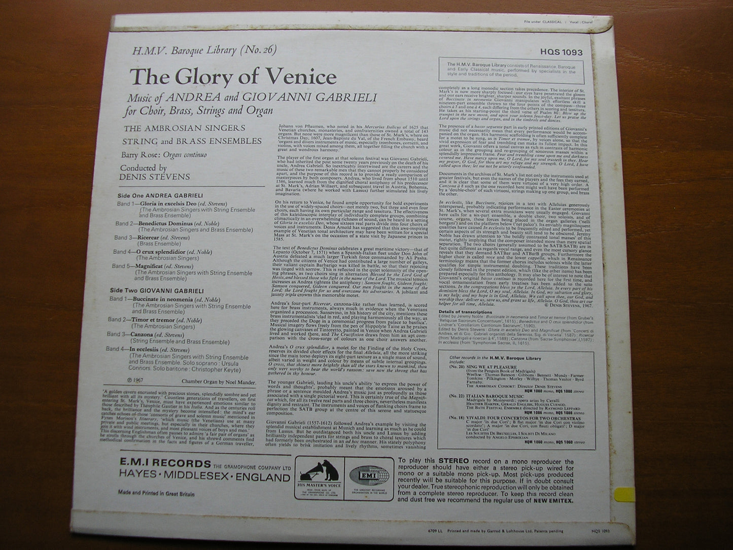THE GLORY OF VENICE: MUSIC OF ANDREA & GIOVANNI GABRIELI STEVENS / STRINGS & BRASS ENSEMBLES HQS 1093