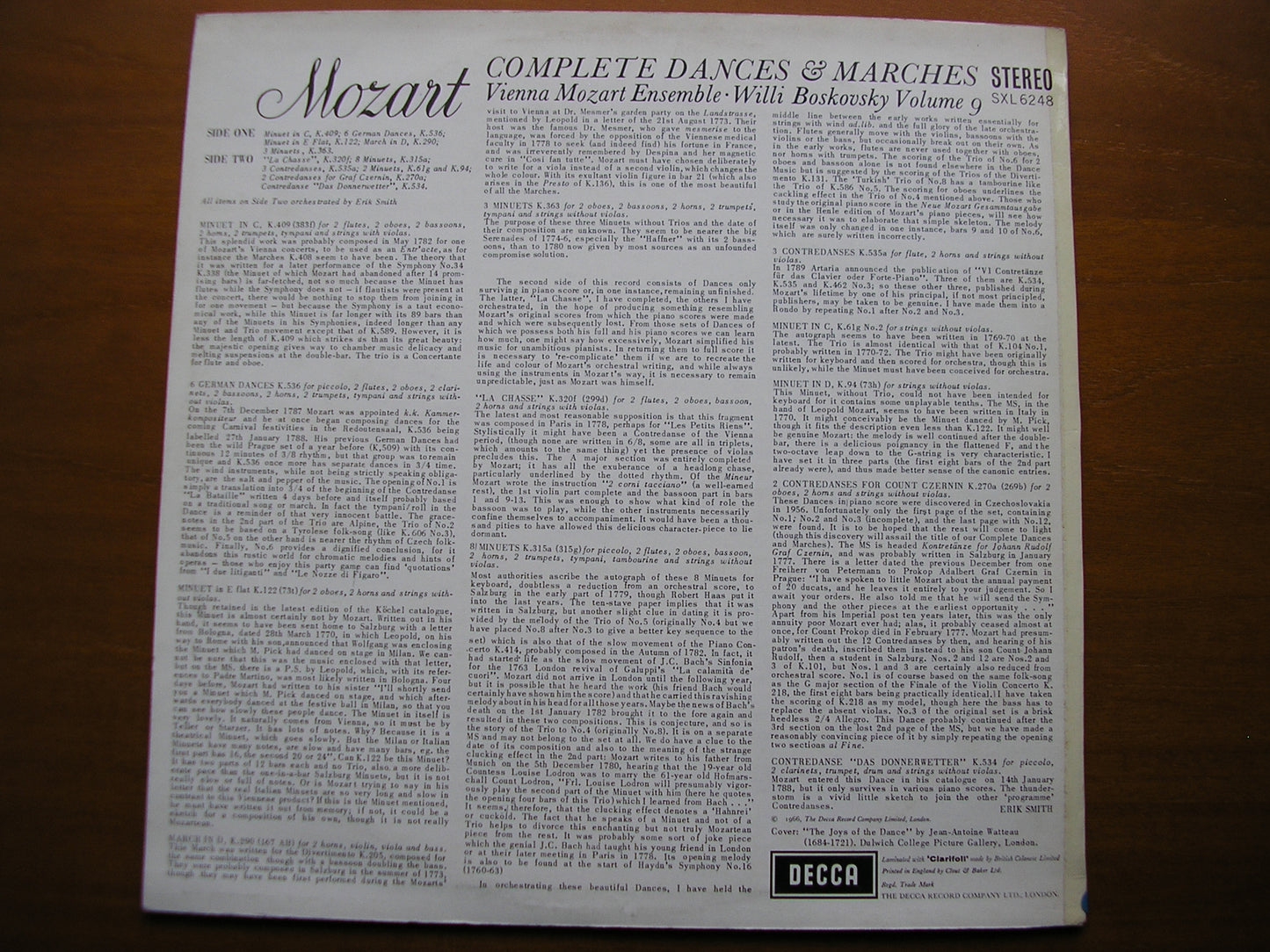 SXL 6248 MOZART: COMPLETE DANCES & MARCHES Volume 9 BOSKOVSKY / VIENNA MOZART ENSEMBLE ED1