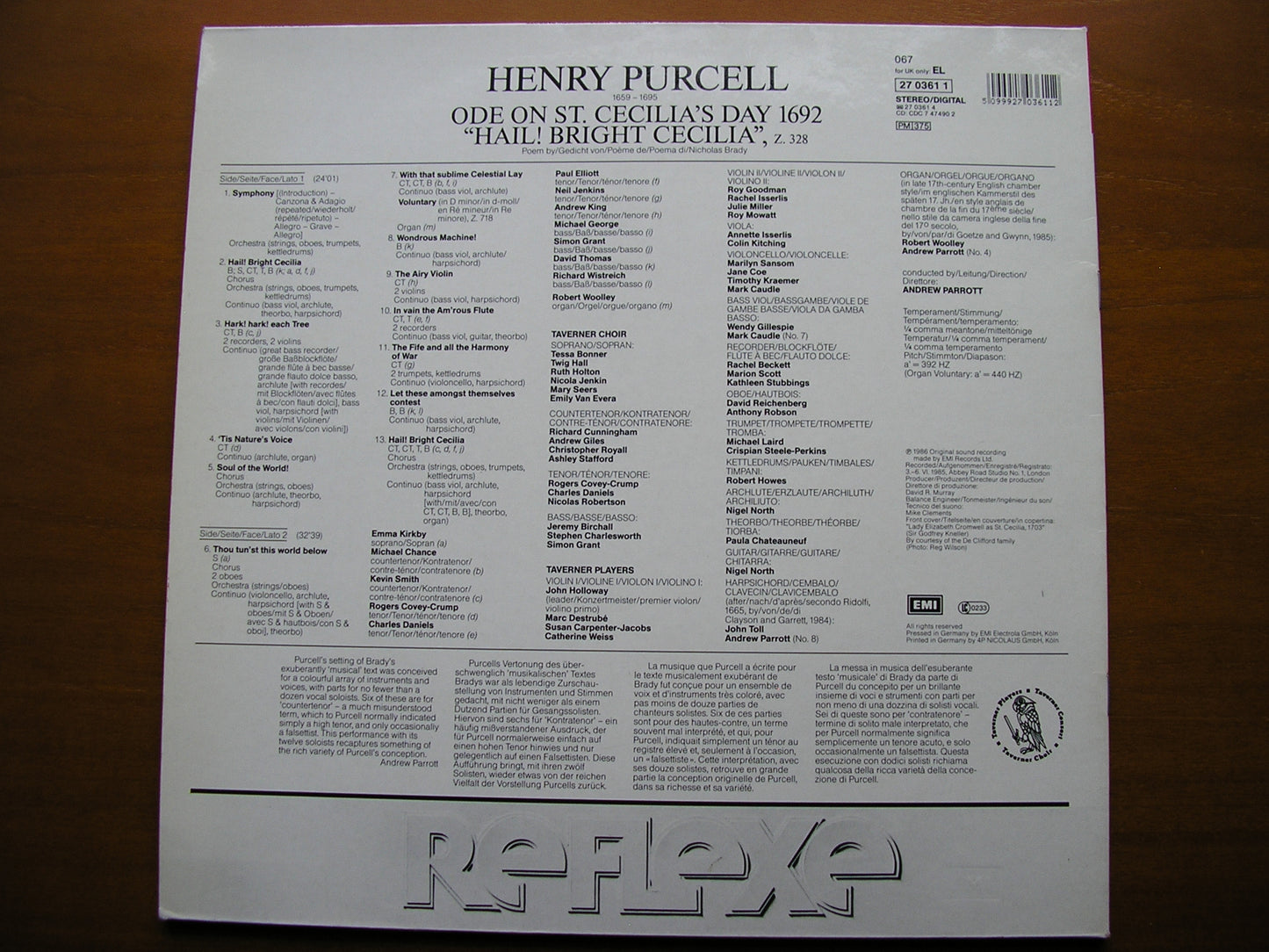 PURCELL: ODE ON SAINT CECILIA'S DAY 1692 SOLOISTS / TAVERNER CHOIR / TAVERNER PLAYERS / PARROTT 27 0361