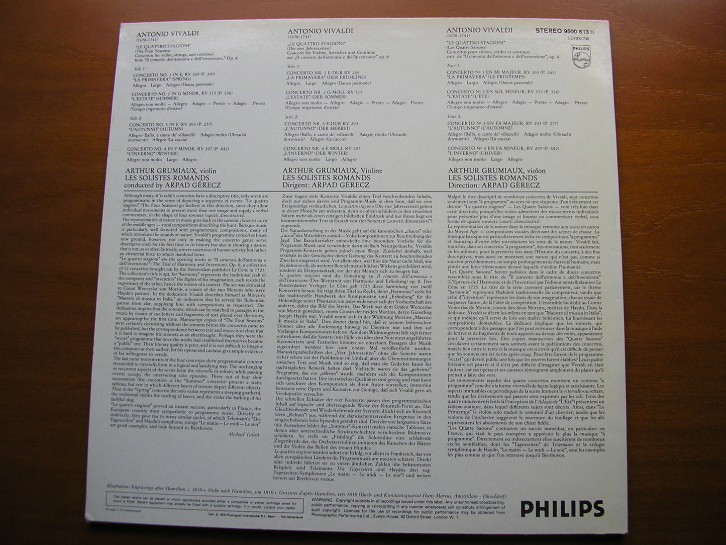 VIVALDI: THE FOUR SEASONS     GRUMIAUX / LES SOLOISTES ROMANDS / GERECZ      9500 613