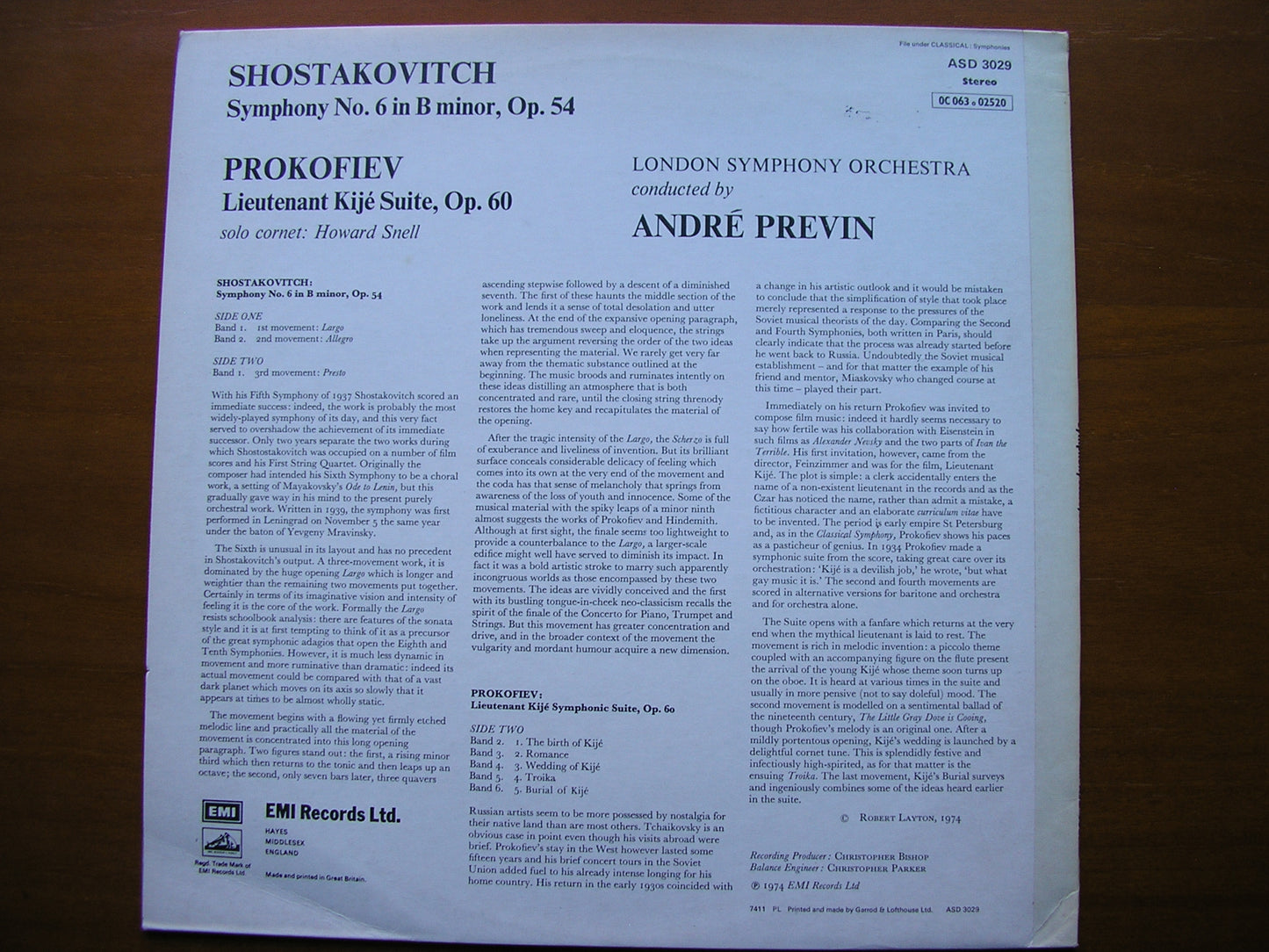 SHOSTAKOVICH: SYMPHONY No. 6 / PROKOFIEV: LIEUTENANT KIJE PREVIN / LONDON SYMPHONY ASD 3029