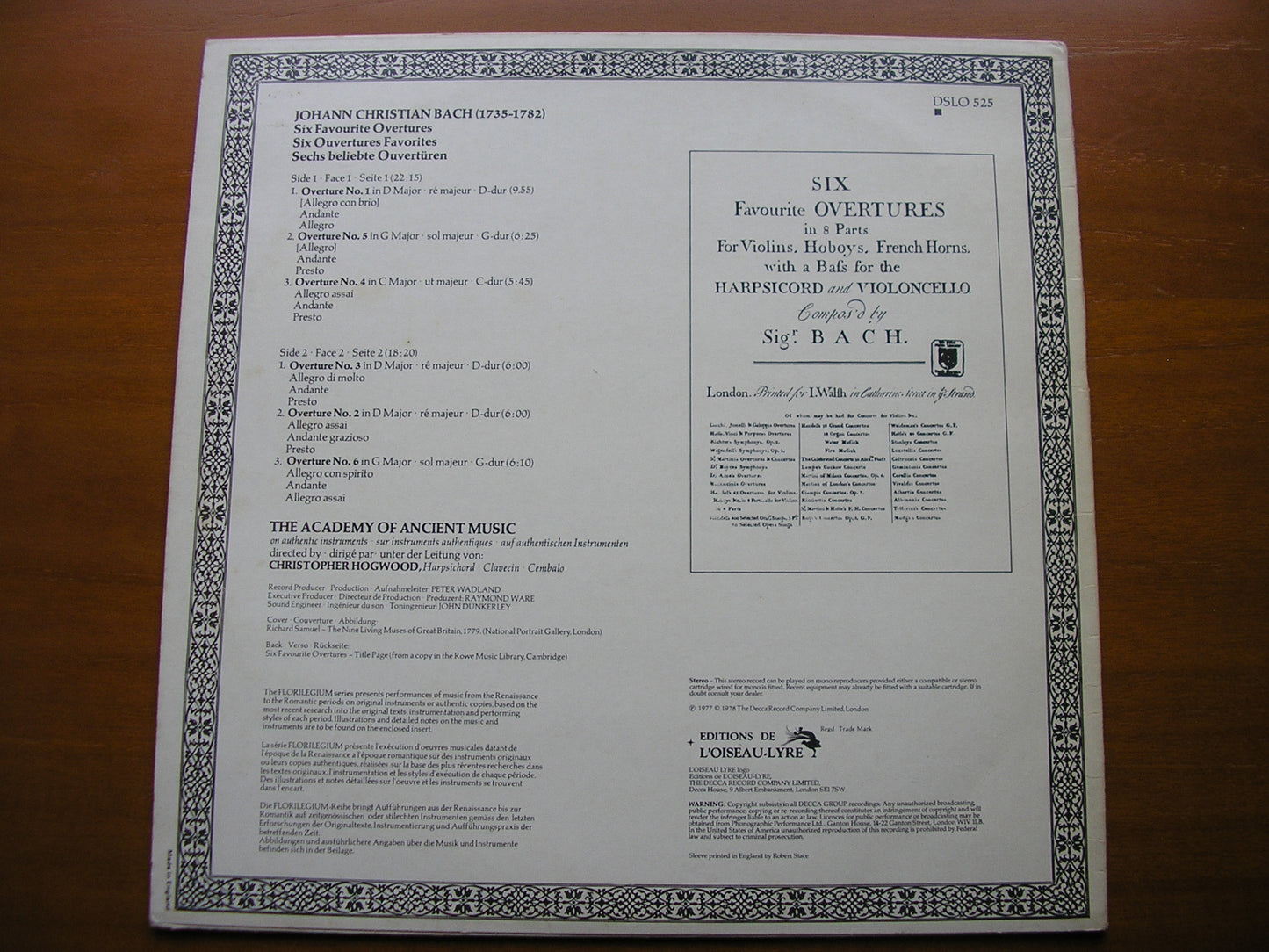 BACH, JOHANN CHRISTIAN: SIX FAVOURITE OVERTURES     HOGWOOD / ACADEMY OF ANCIENT MUSIC     DSLO 525