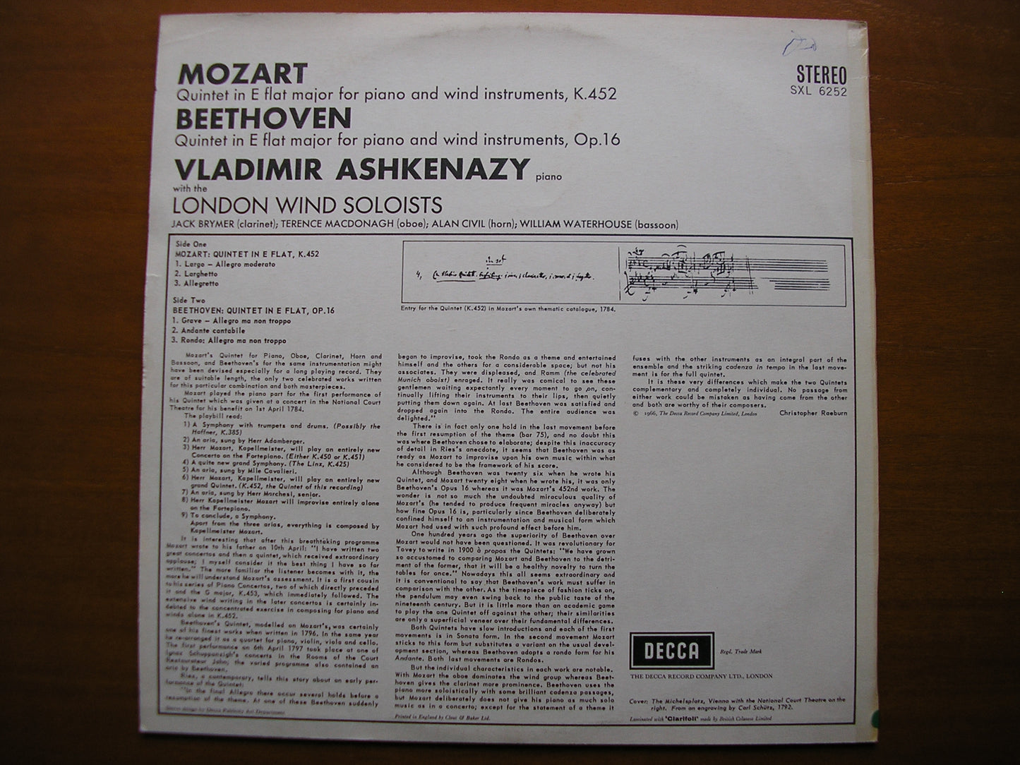 SXL 6252 MOZART: QUINTET / BEETHOVEN: QUINTET ASHKENAZY / LONDON WIND SOLOISTS ED2
