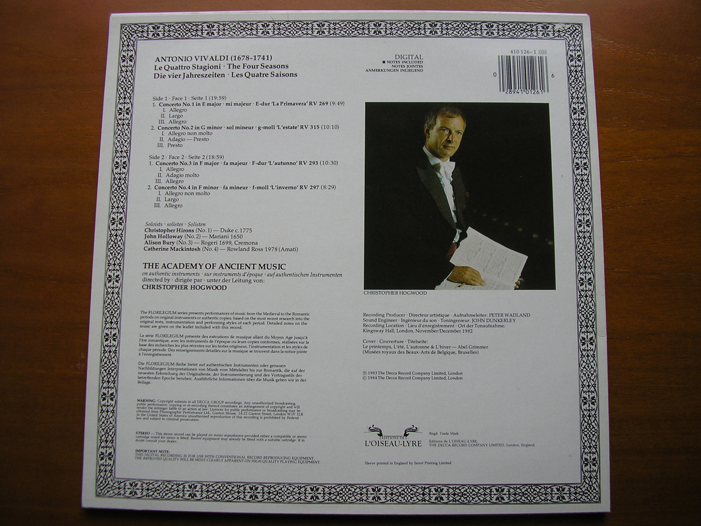 VIVALDI: THE FOUR SEASONS      THE ACADEMY OF ANCIENT MUSIC / HOGWOOD      410 126