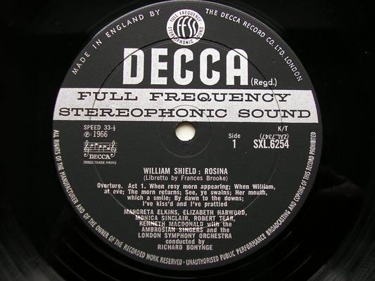 SXL 6254 SHIELD: ROSINA complete opera SOLOISTS / LONDON SYMPHONY / BONYNGE ED2