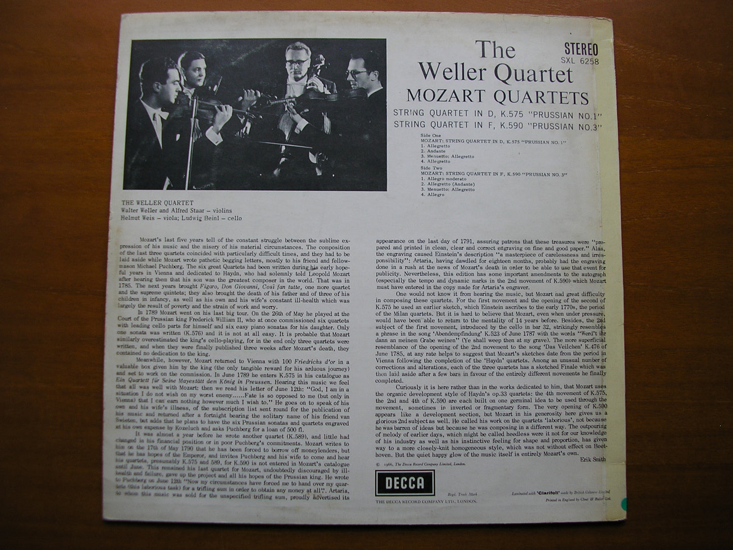 SXL 6258 MOZART: STRING QUARTETS K575 & K590 THE WELLER QUARTET ED2