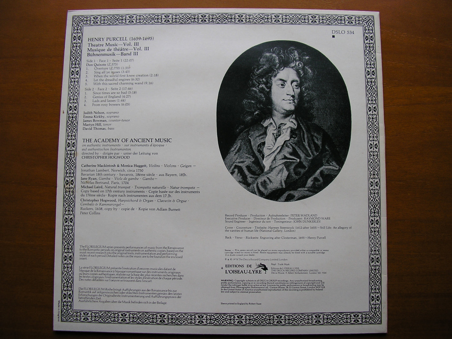 PURCELL: MUSIC FOR THE THEATRE Volume 3 ACADEMY OF ANCIENT MUSIC / HOGWOOD DSLO 534