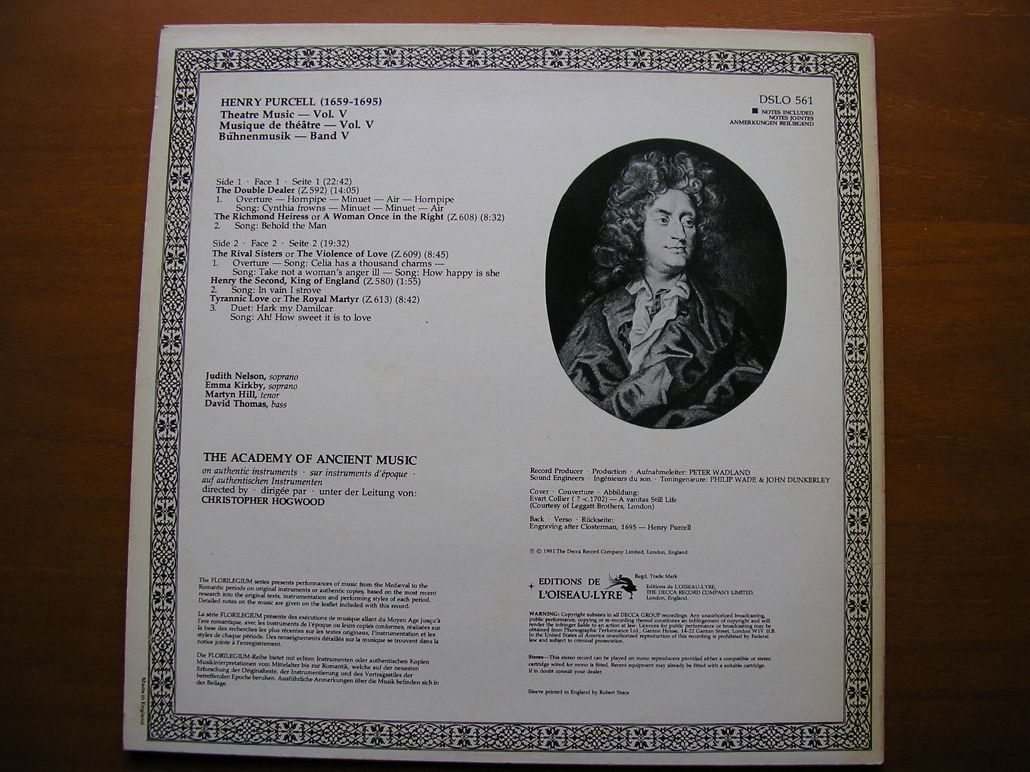 PURCLL: MUSIC FOR THE THEATRE Volume 5 ACADEMY OF ANCIENT MUSIC / HOGWOOD DSLO 561