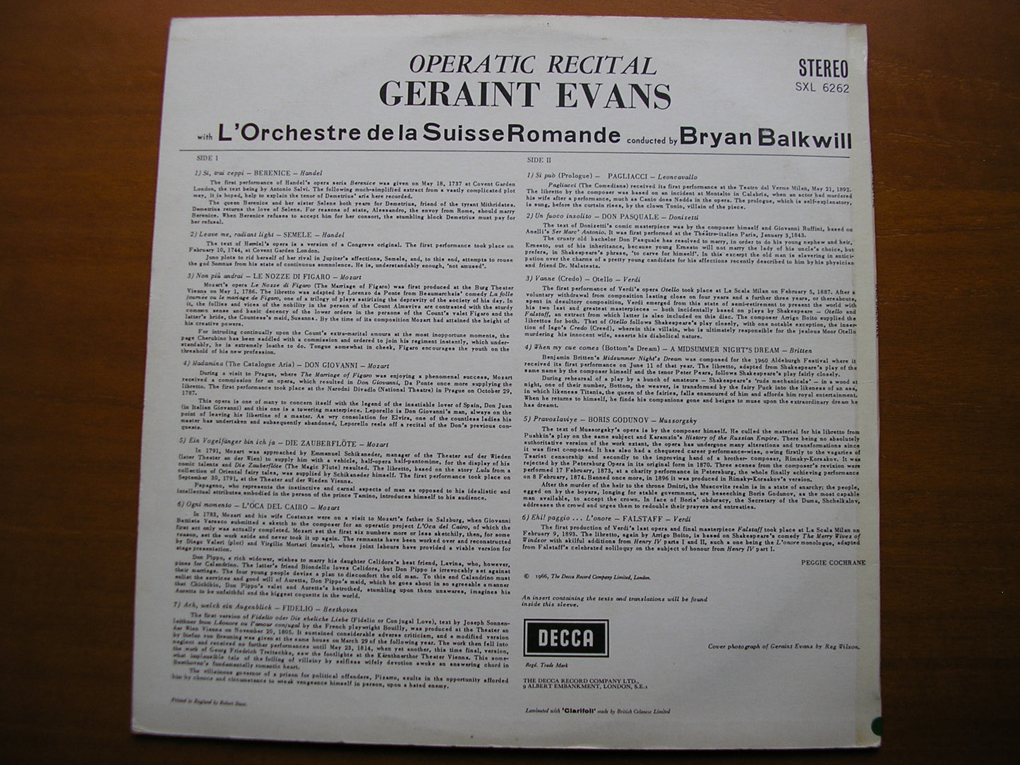 SXL 6262 GERAINT EVANS SINGS OPERA ARIAS: VERDI / MOZART / HANDEL / BEETHOVEN / LEONCAVALLO SUISSE ROMANDE / BALKWILL ED2