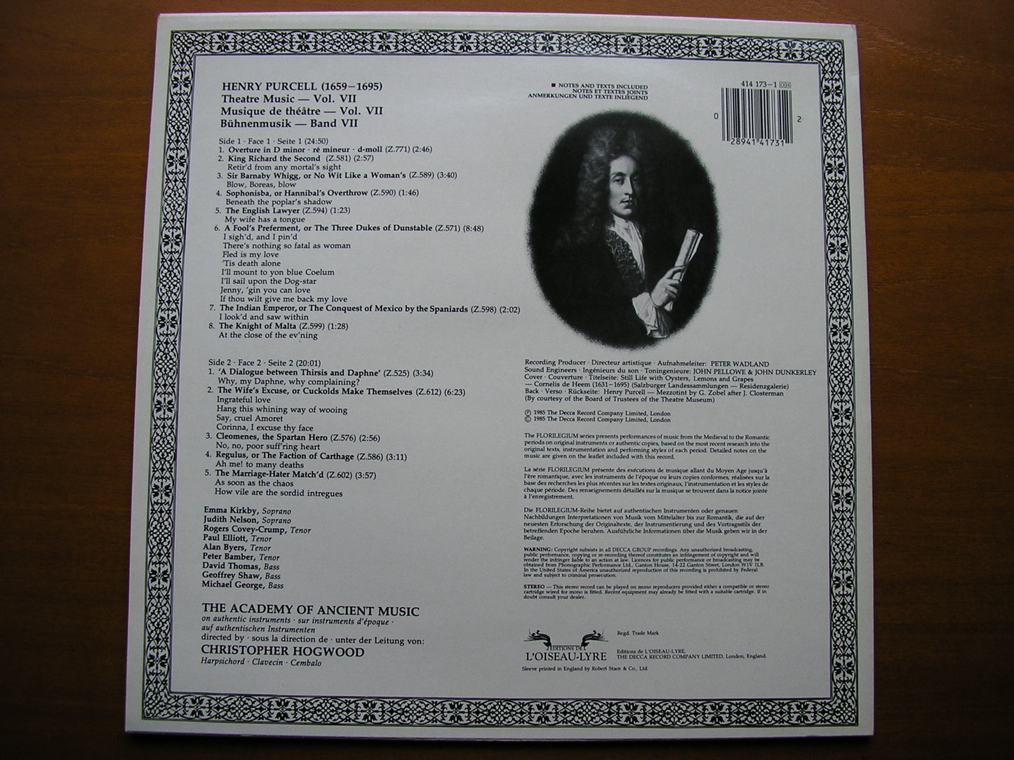 PURCELL: MUSIC FOR THE THEATRE Volume 7 ACADEMY OF ANCIENT MUSIC / HOGWOOD 414 173