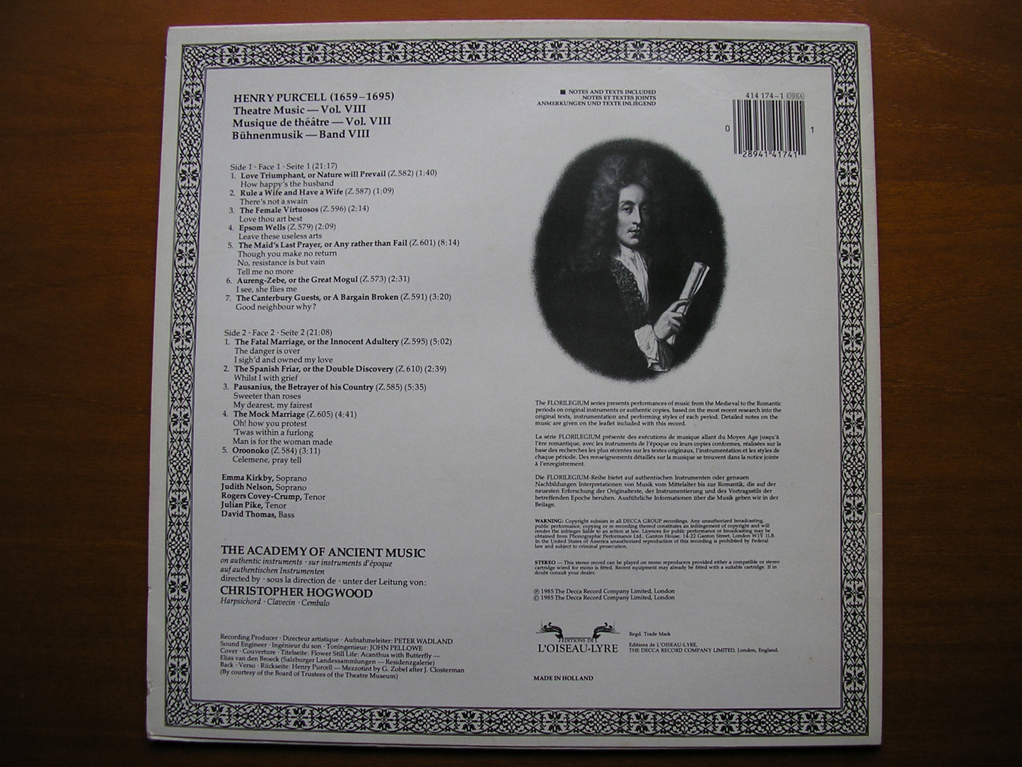 PURCELL: MUSIC FOR THE THEATRE Volume 8 ACADEMY OF ANCIENT MUSIC / HOGWOOD 414 174