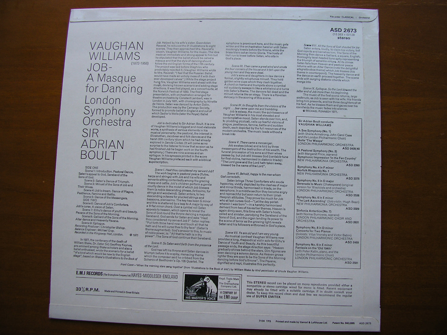 VAUGHAN WILLIAMS: JOB (Ballet 1931) SIR ADRIAN BOULT / LONDON SYMPHONY ASD 2673
