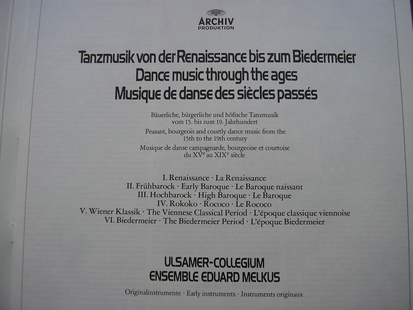 DANCE MUSIC FROM THE RENAISSANCE TO THE BIEDERMEIER PERIOD ULSAMER COLLEGIUM / ENSEMBLE EDUARD MELKUS 6 LP 2723 051