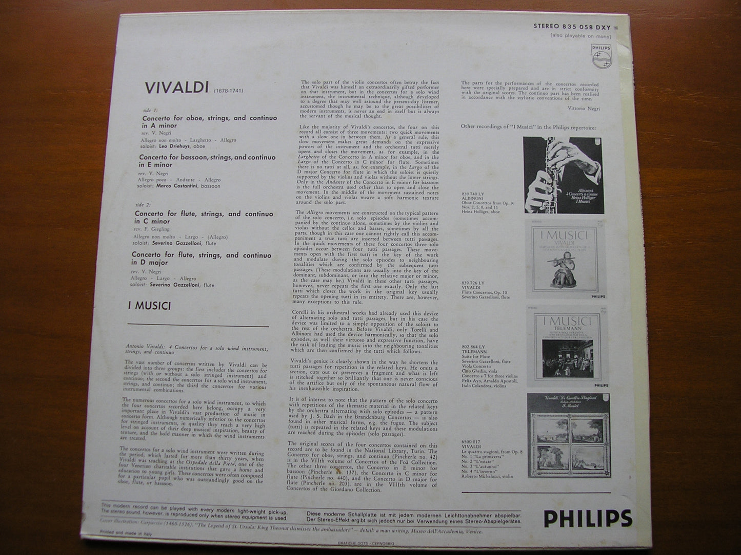 VIVALDI: FOUR CONCERTOS GAZZELLONI / COSTANTINI / DRIEHUYS / I MUSICI 835 058