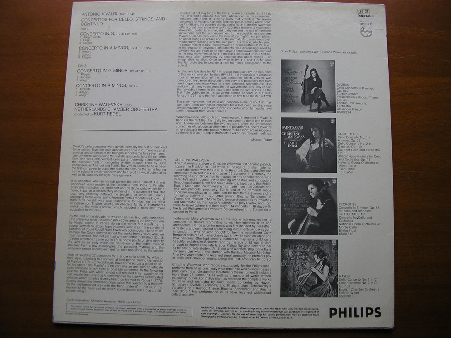 VIVALDI: CELLO CONCERTOS WALEVSKA / NETHERLANDS CHAMBER ORCHESTRA / REDEL 9500 144