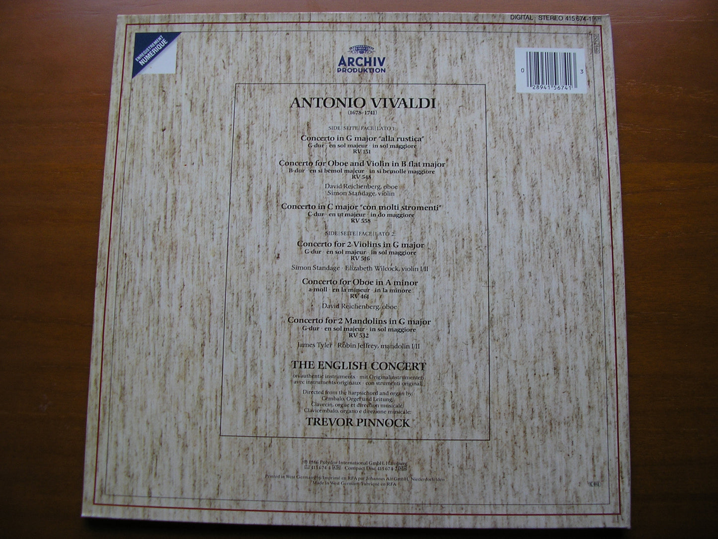 VIVALDI: ALLA RUSTICA  Six Concertos     SOLOISTS / THE ENGLISH CONCERT / PINNOCK    415 674