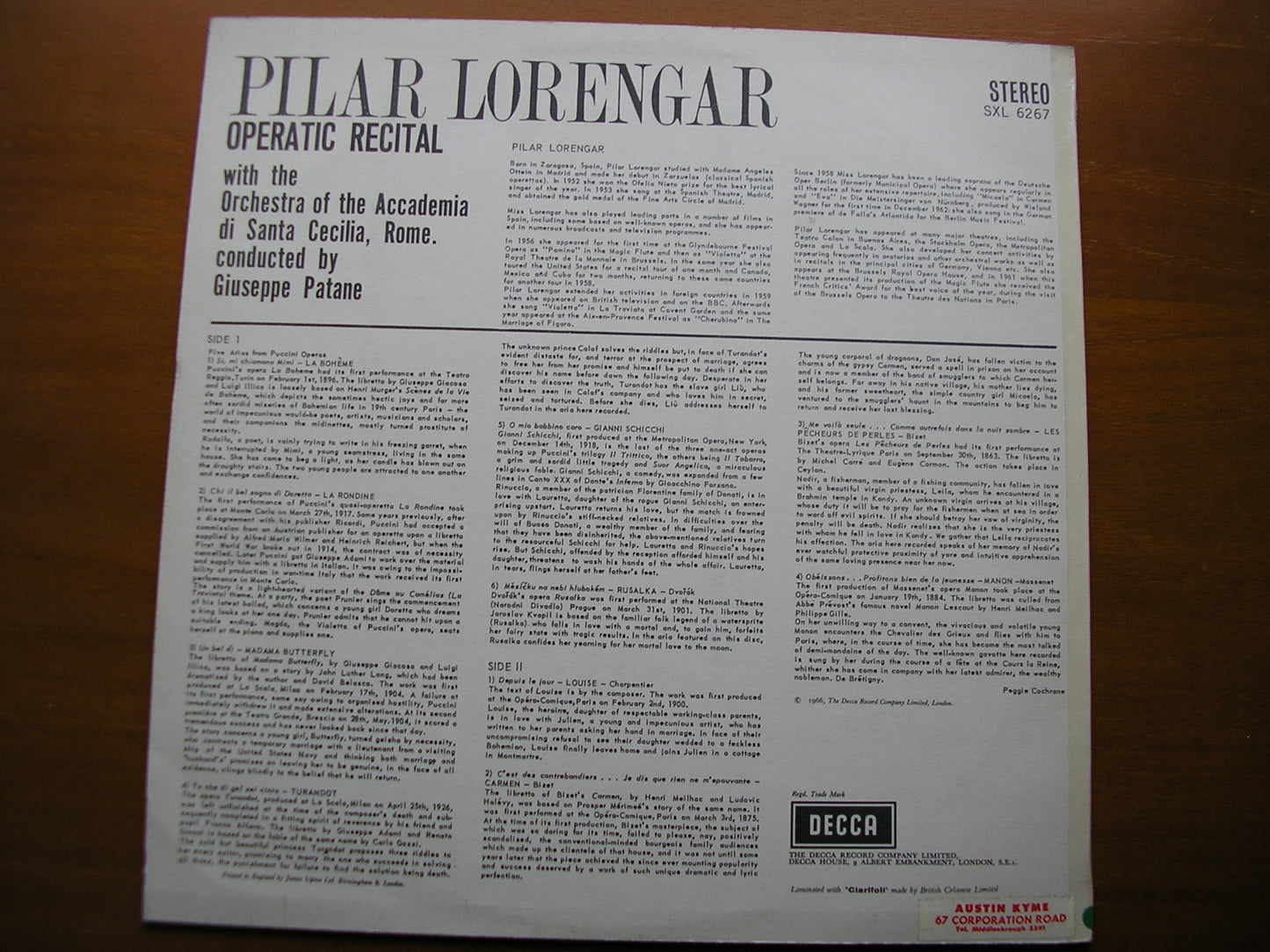 SXL 6267 PILAR LORENGAR SINGS OPERA ARIAS: PUCCINI / BIZET / MASSENET / DVORAK ACC di SANTA CECILIA / PATANE ED2