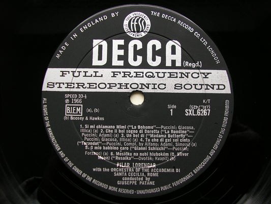 SXL 6267 PILAR LORENGAR SINGS OPERA ARIAS: PUCCINI / BIZET / MASSENET / DVORAK ACC di SANTA CECILIA / PATANE ED2