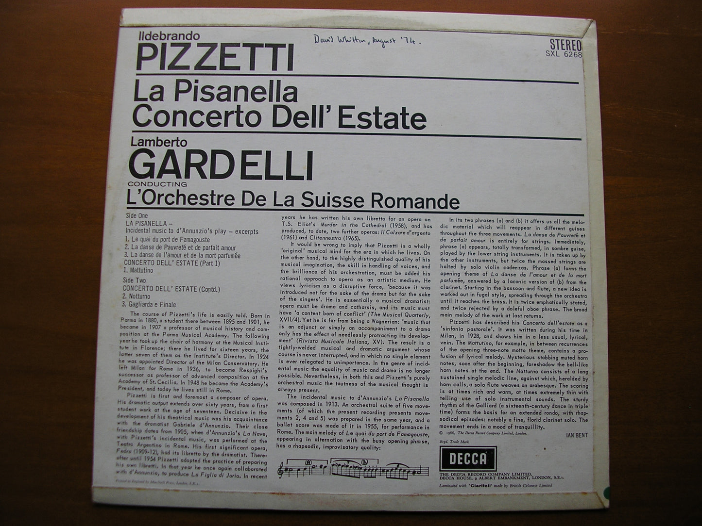 SXL 6268 PIZZETTI: LA PISANELLA / CONCERTO DELL'ESTATE GARDELLI /SUISSE ROMANDE ED2