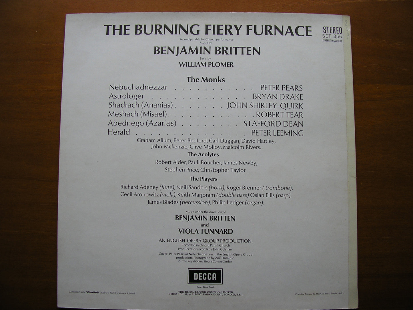 BRITTEN: THE BURNING FIERY FURNACE SOLOISTS / ENGLISH OPERA GROUP / BRITTEN SET 356