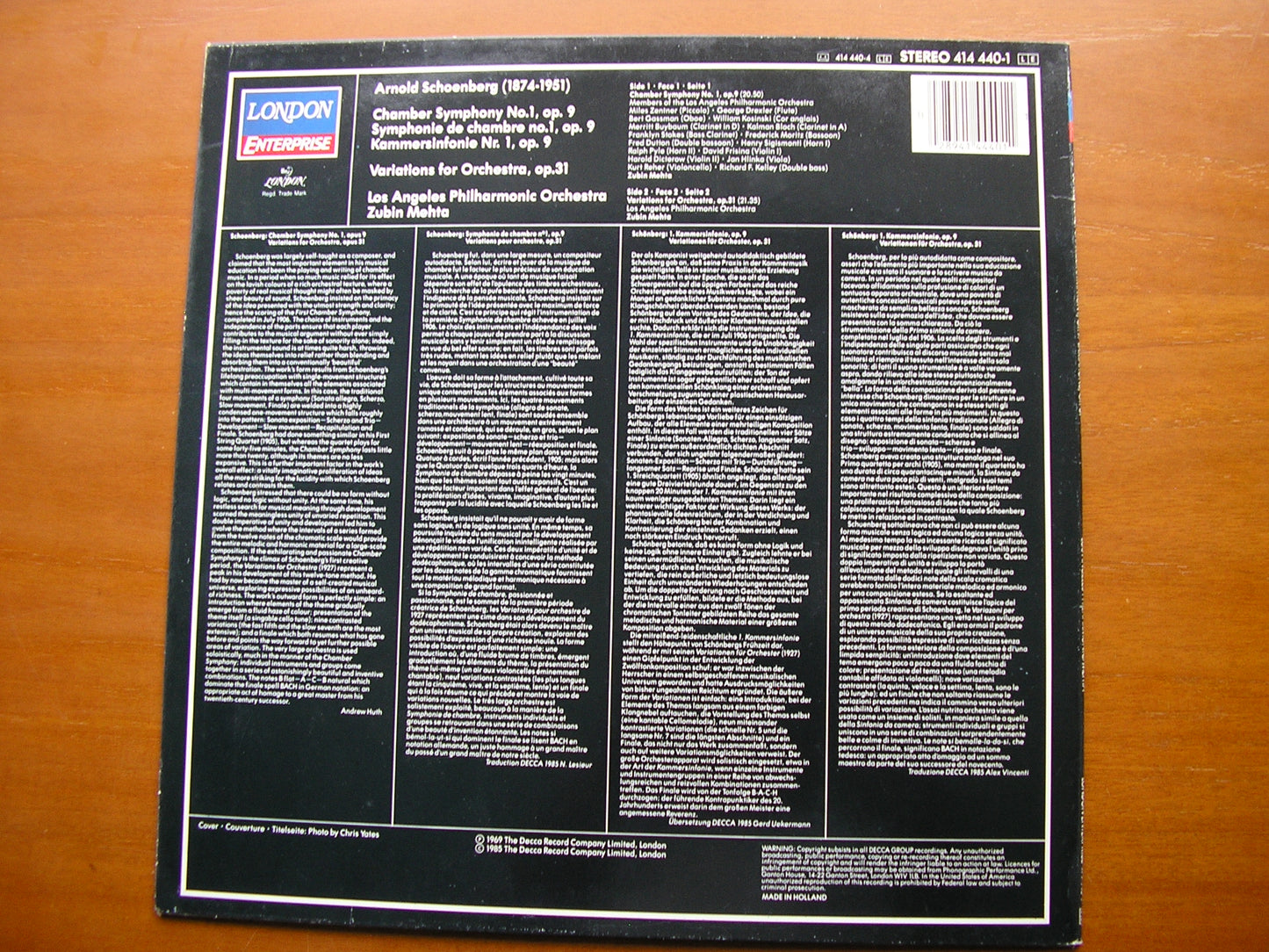 SCHOENBERG: CHAMBER SYMPHONY Op. 9 / VARIATIONS Op. 31 MEHTA / LOS ANGELES PHILHARMONIC 414 440