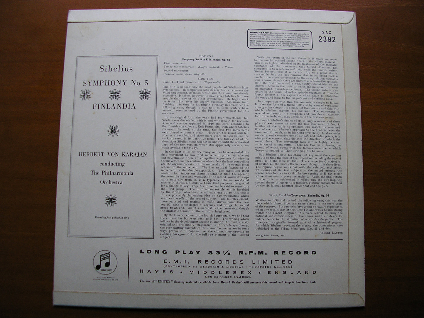 SIBELIUS: SYMPHONY No. 5 / FINLANDIA KARAJAN / PHILHARMONIA SAX 2392