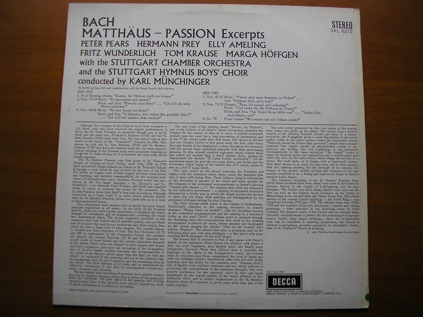 SXL 6272 BACH: ST MATTHEW PASSION excerpts SOLOISTS / STUTTGART CHAMBER ORCHESTRA / MUNCHINGER ED2