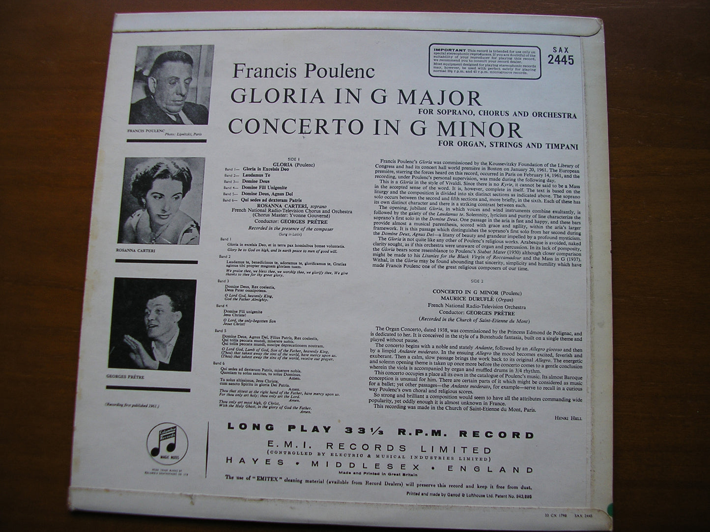POULENC: GLORIA / ORGAN CONCERTO DURUFLE / CARTERI / FRENCH NATIONAL RADIO ORCHESTRA / PRETRE SAX 2445