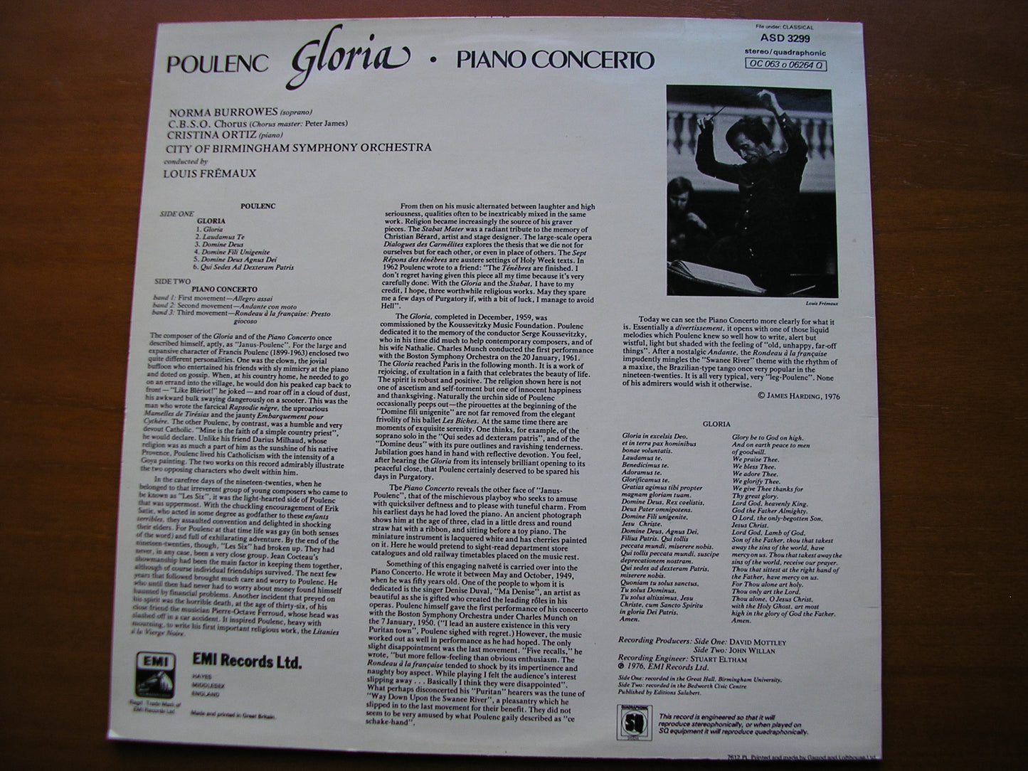 POULENC: GLORIA / PIANO CONCERTO BURROWES / ORTIZ / CITY OF BIRMINGHAM SYMPHONY / FREMAUX ASD 3299