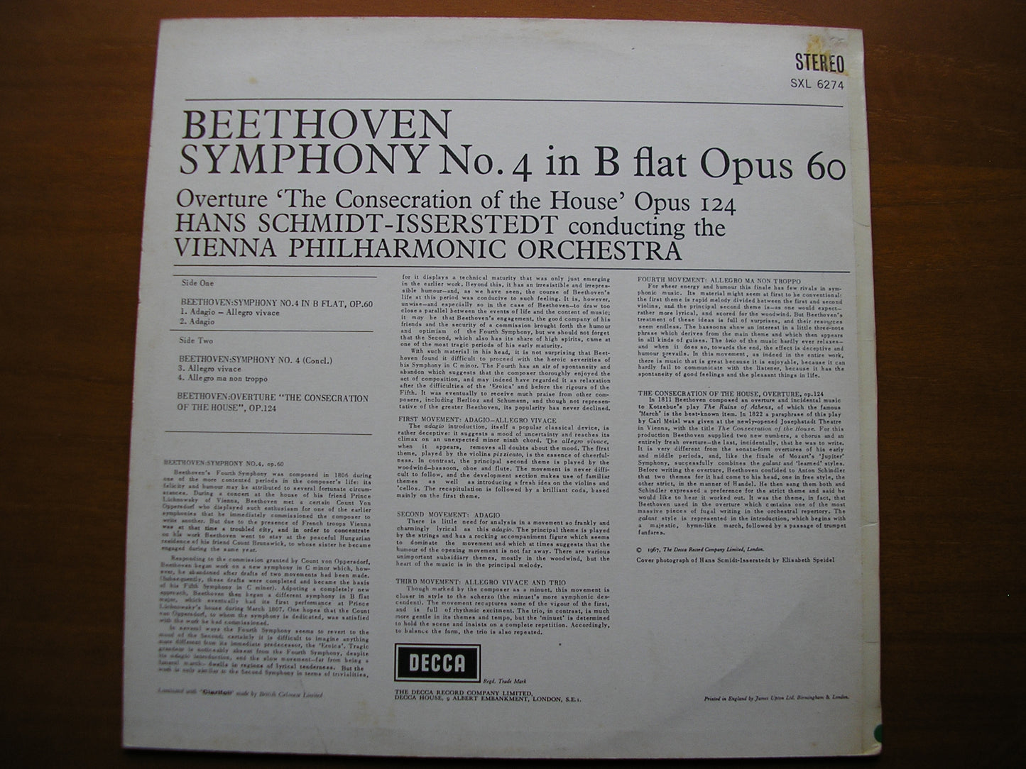 SXL 6274 BEETHOVEN: SYMPHONY No. 4 / OVERTURE 'The Consecration of the House' SCHMIDT-ISSERSTEDT / VIENNA PHILHARMONIC ED2