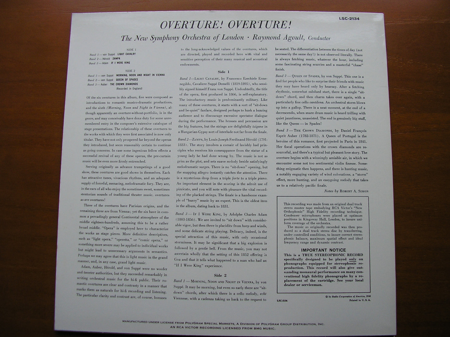 OVERTURE: HEROLD / SUPPE / ADAM / AUBER AGOULT / NEW SYMPHONY ORCHESTRA LSC 2134