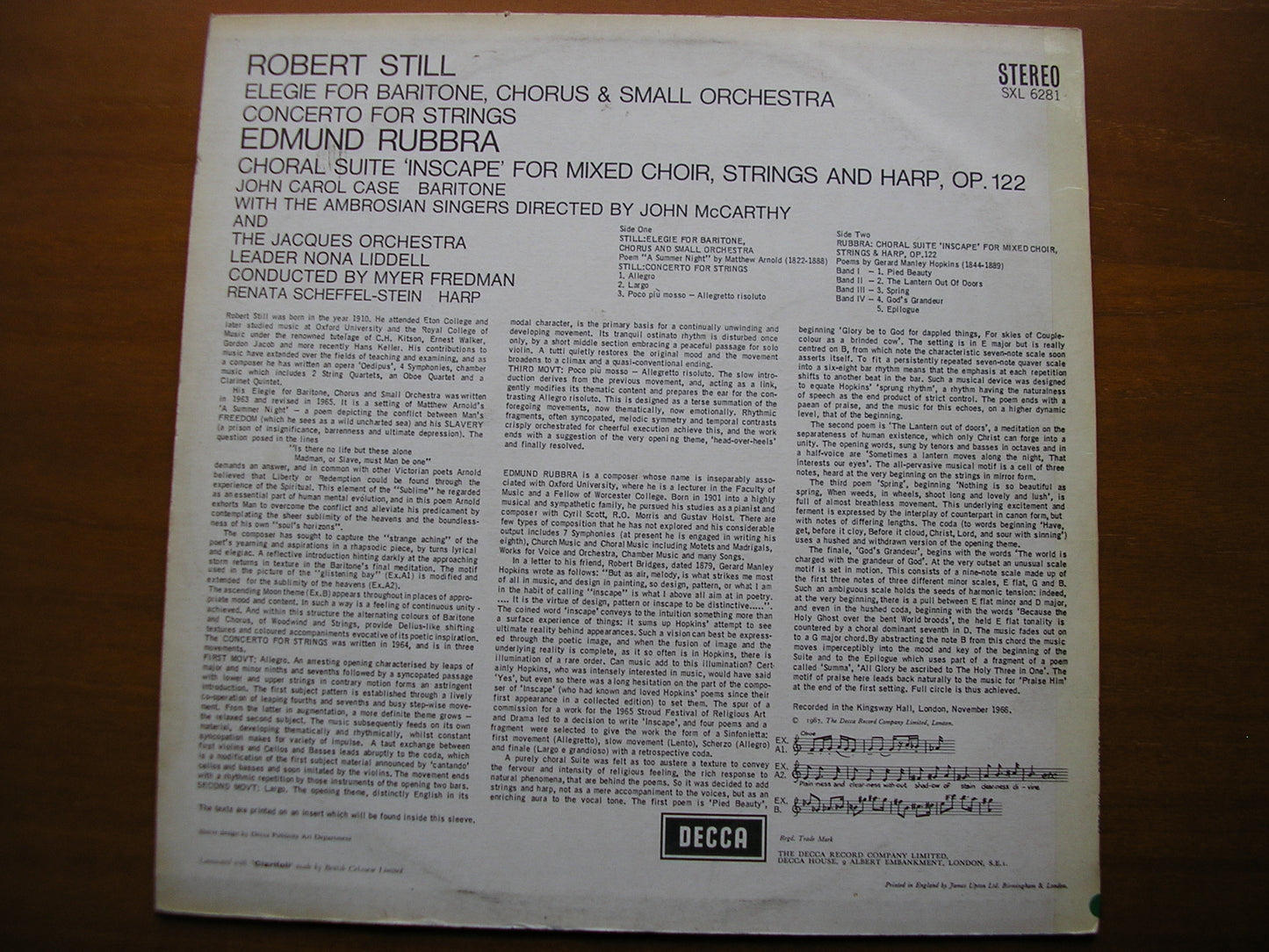 SXL 6281 STILL: ELEGY / CONCERTO FOR STRINGS / RUBBRA: CHORAL SUITE 'INSCAPE' JACQUES ORCHESTRA / FREDMAN ED2