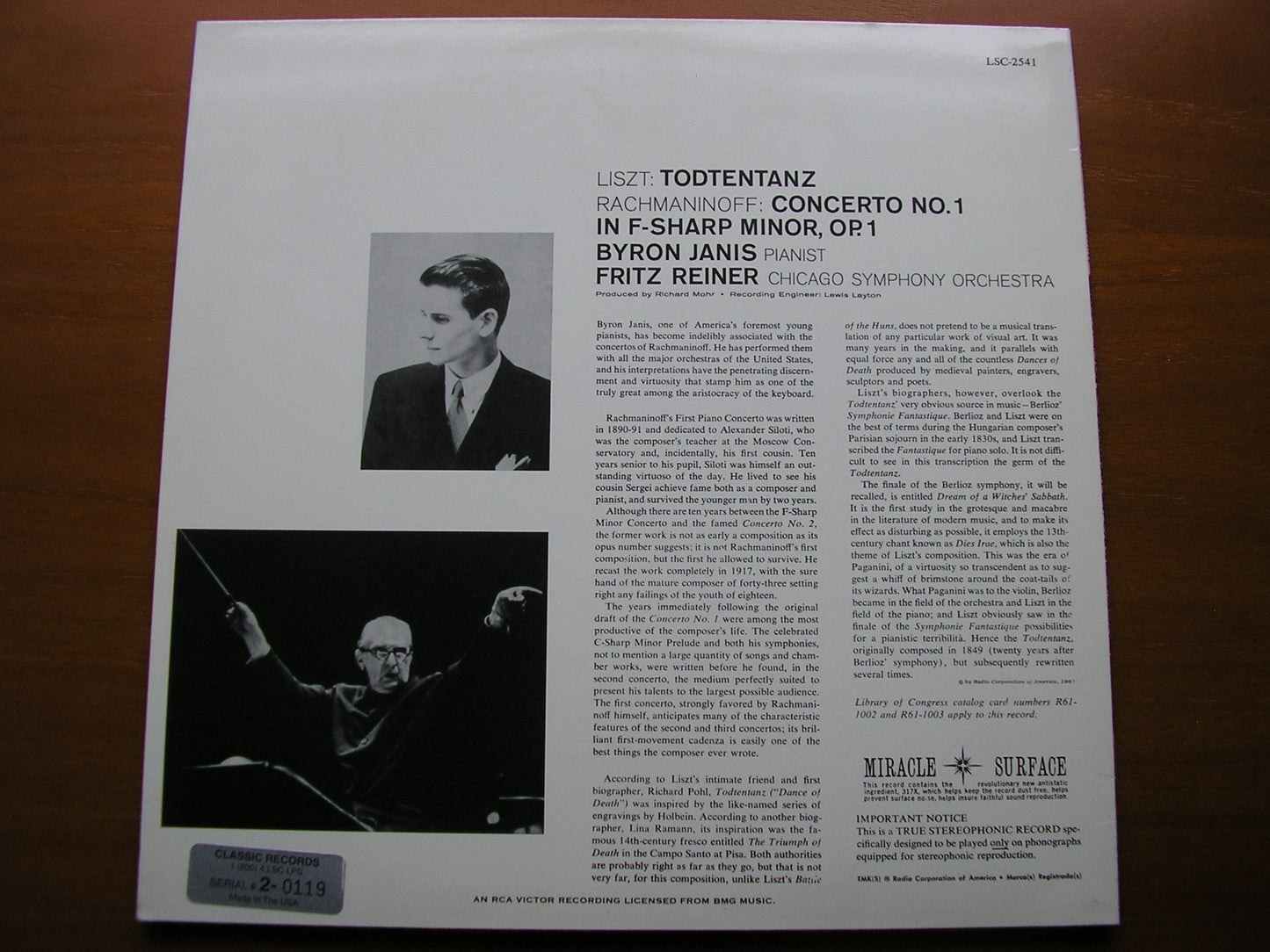 LISZT: TODTENTANZ /  RACHMANINOV: PIANO CONCERTO No. 1     BYRON JANIS / CHICAGO SYMPHONY / REINER      LSC 2541