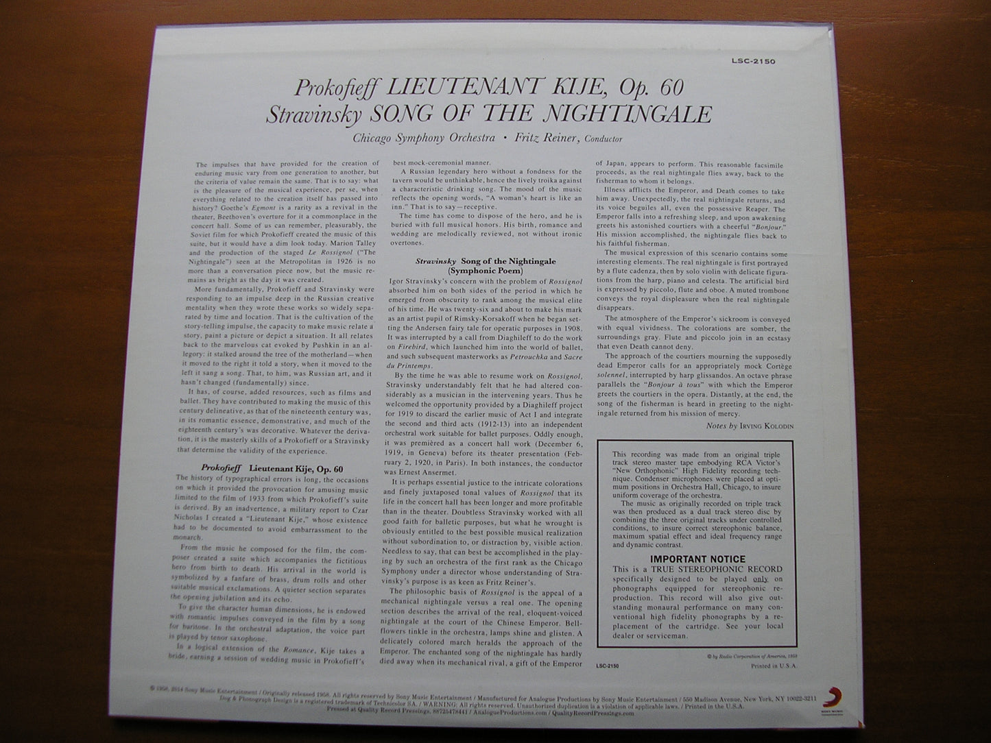 PROKOFIEV: LIEUTENANT KIJE / STRAVINSKY: SONG OF THE NIGHTINGALE     REINER / CHICAGO SYMPHONY    LSC 2150