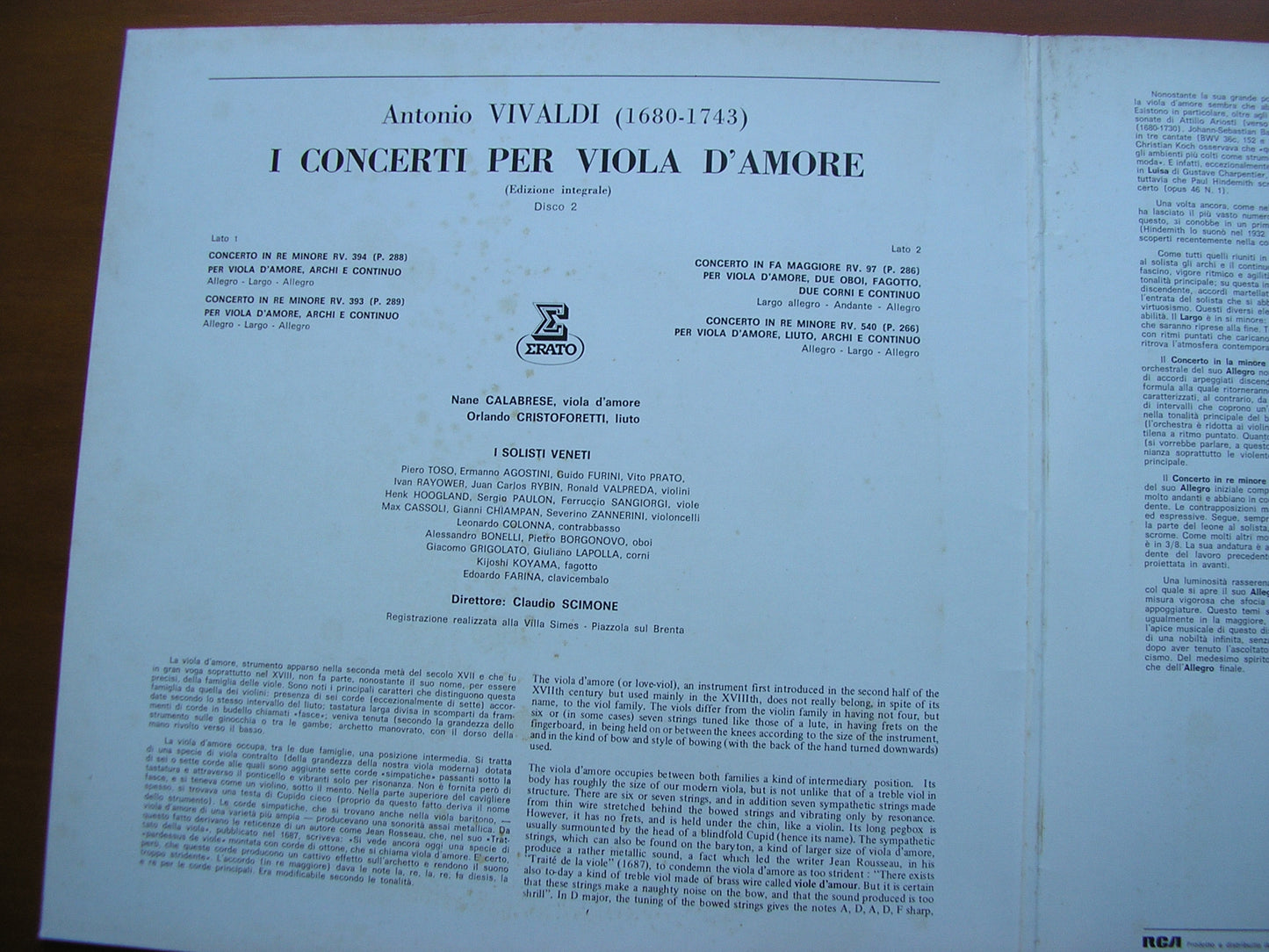 VIVALDI: THE CONCERTOS FOR VIOLA D'AMORE  Volume 2      CALABRESE / I SOLOISTI VENETI / SCIMONE    STU 70827