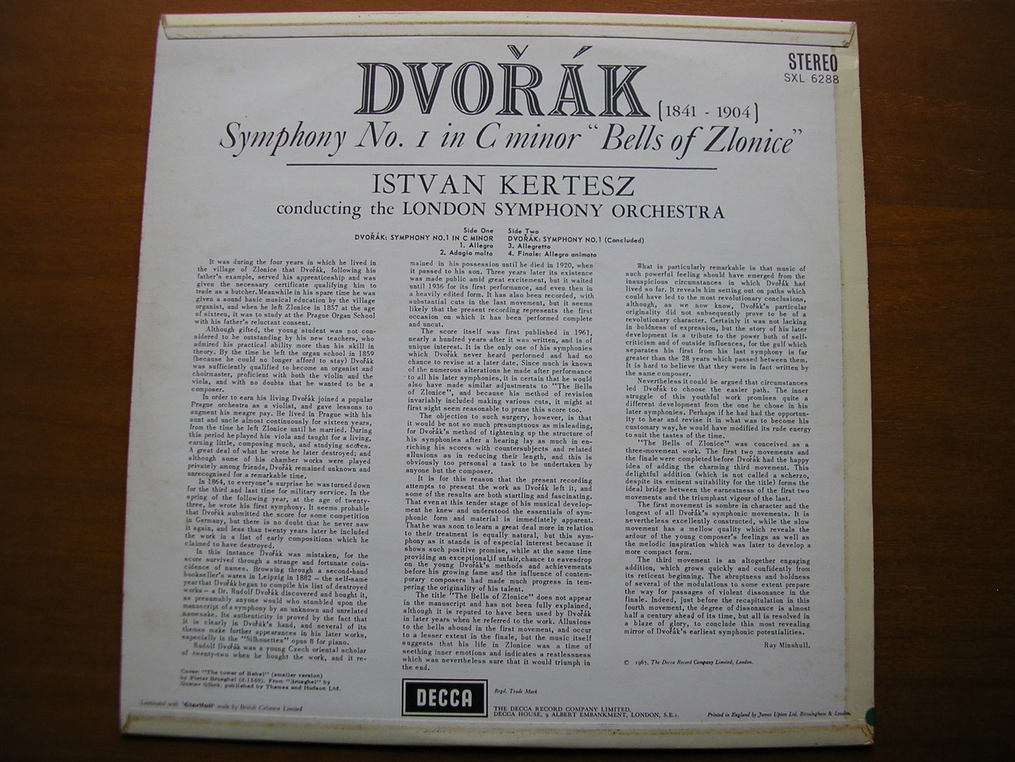 SXL 6288 DVORAK: SYMPHONY No. 1 'Bells of Zlonice' KERTESZ / LONDON SYMPHONY ED2