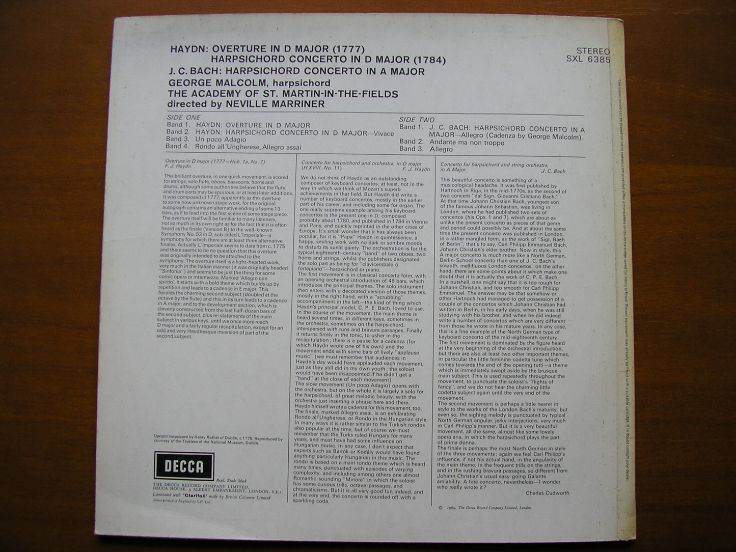 SXL 6385 HAYDN & JC BACH: HARPSICHORD CONCERTOS / OVERTURE in D MALCOLM / ASMIF / MARRINER ED3