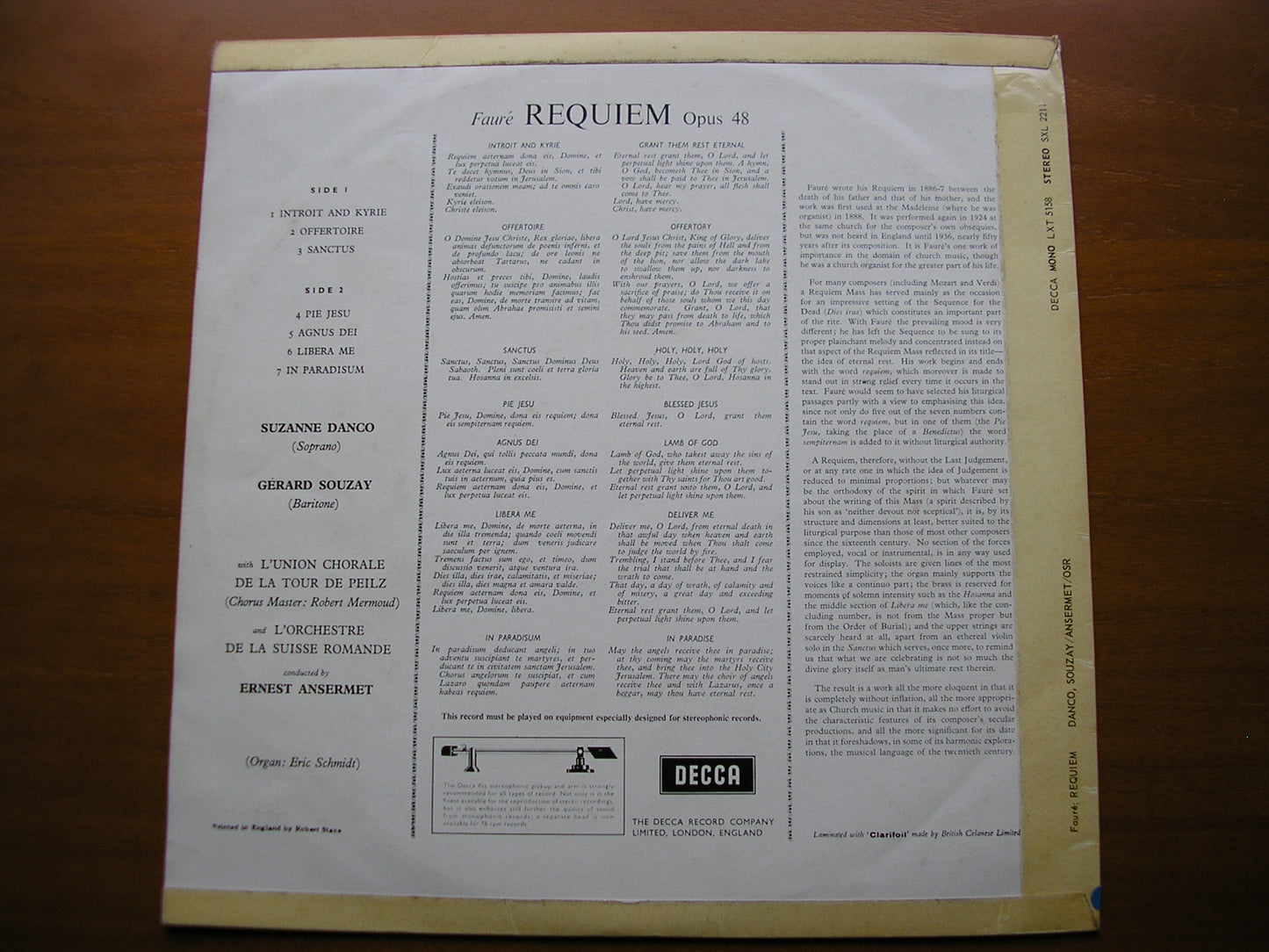 FAURE: REQUIEM SUZANNE DANCO / GERARD SOUZAY / SUISSE ROMANDE ORCHESTRA / ANSERMET SXL 2211