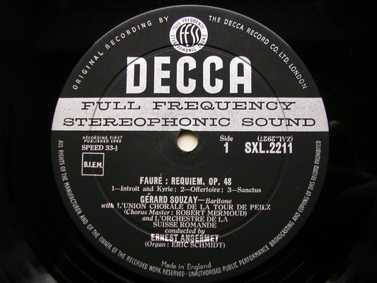 FAURE: REQUIEM SUZANNE DANCO / GERARD SOUZAY / SUISSE ROMANDE ORCHESTRA / ANSERMET SXL 2211