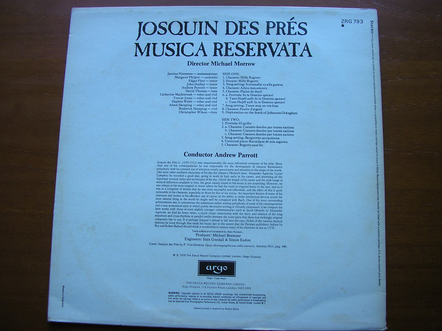 JOSQUIN: SONGS / CHANSONS / FROTTOLE      MUSICA RESERVATA / MORROW / PARROTT    ZRG 793