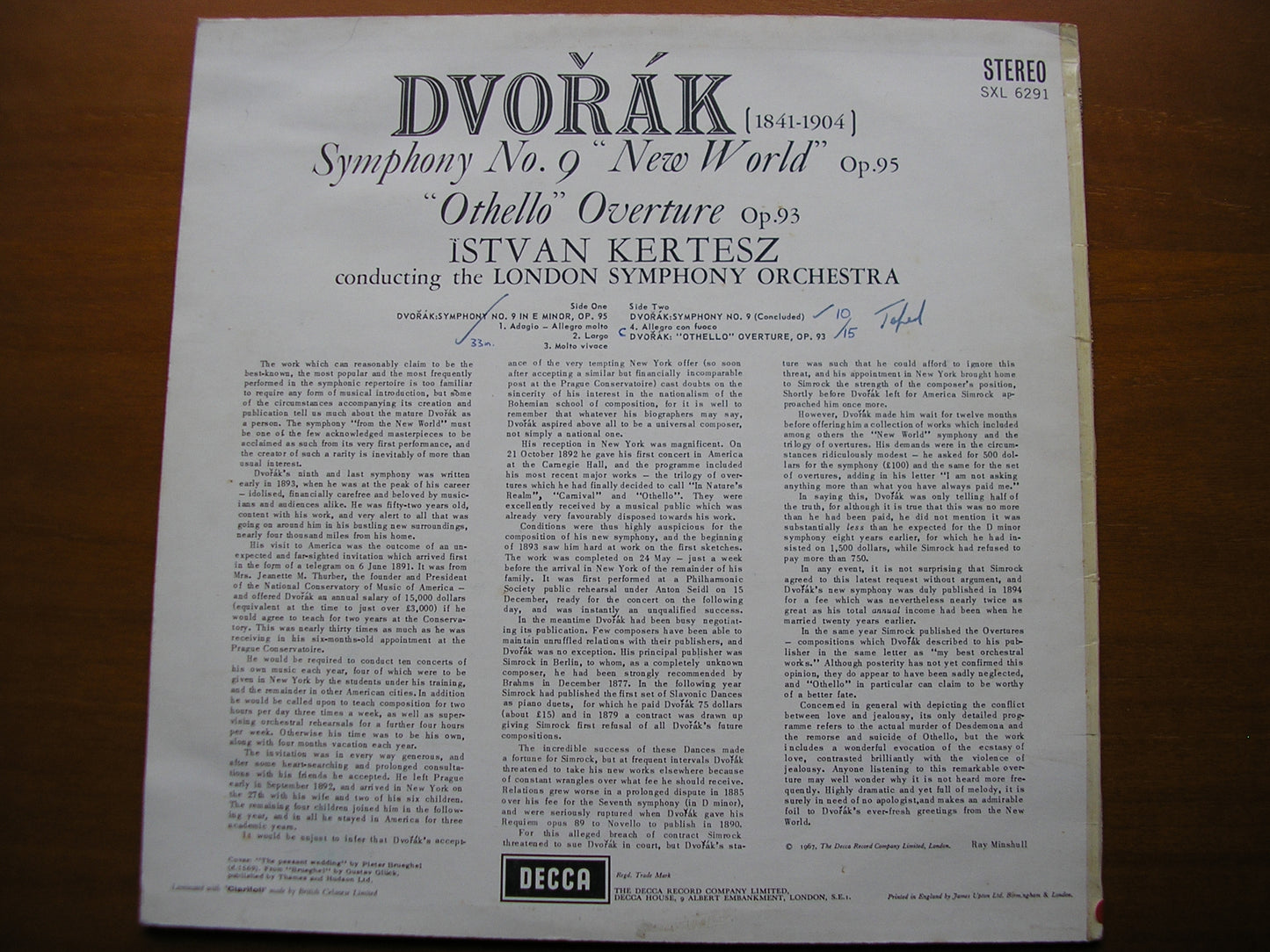 SXL 6291 DVORAK: SYMPHONY No. 9 / OVERTURE Othello KERTESZ / LONDON SYMPHONY ED3