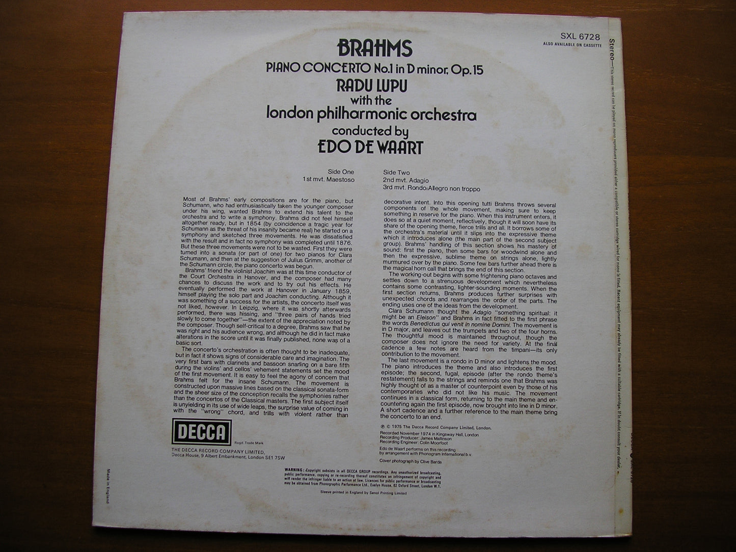 BRAHMS: PIANO CONCERTO No. 1 LUPU / LONDON PHILHARMONIC / DE WAART SXL 6728