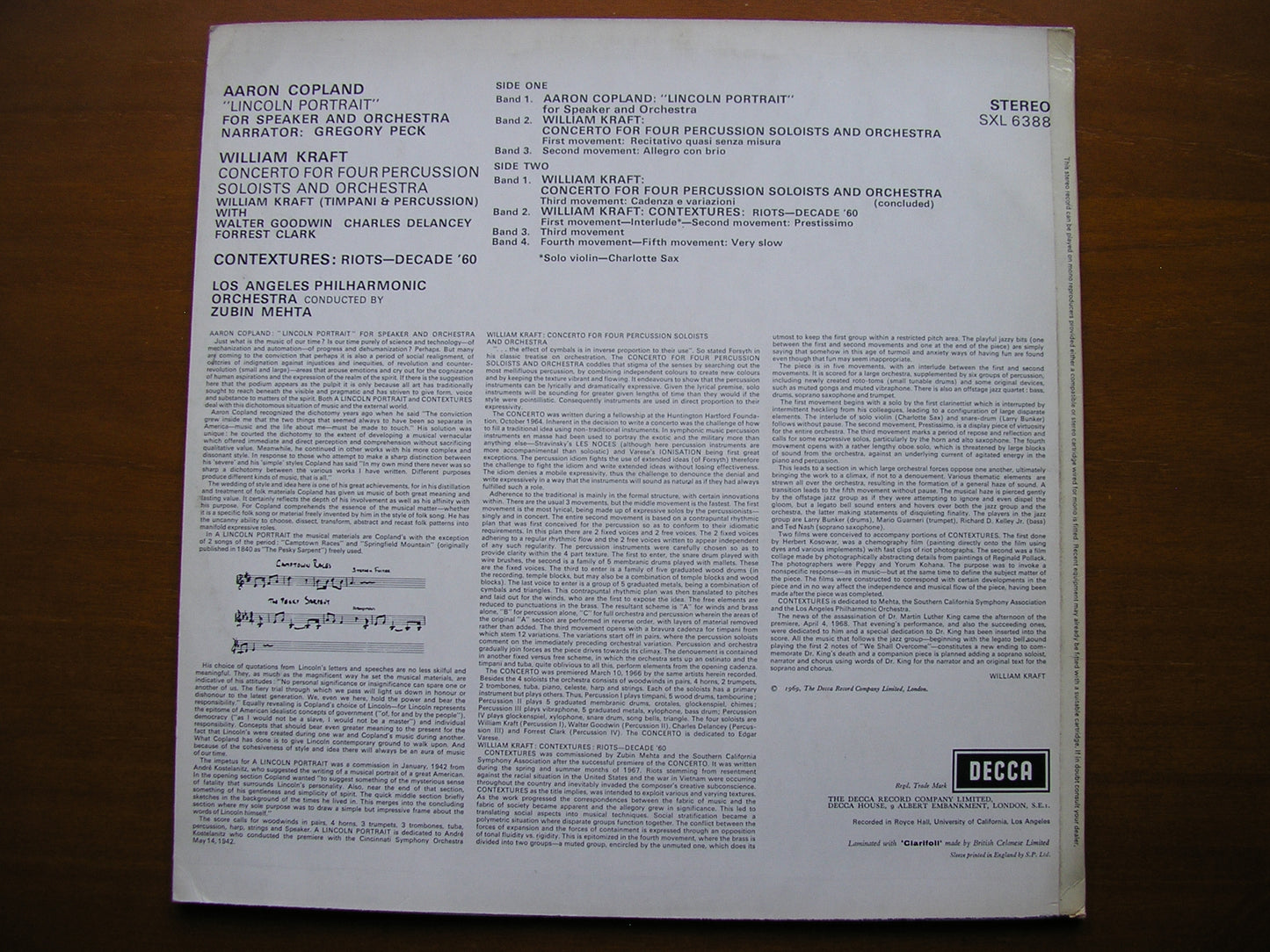 SXL 6388 COPLAND: LINCOLN PORTRAIT / KRAFT: CONCERTO PECK / LOS ANGELES PHILHARMONIC / MEHTA ED3