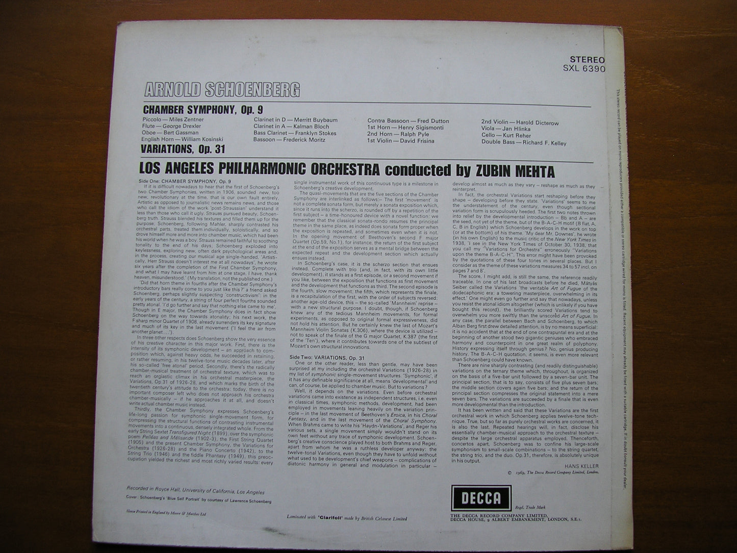 SXL 6390 SCHOENBERG: CHAMBER SYMPHONY Op. 9 / VARIATIONS Op. 31 MEHTA / LOS ANGELES PHILHARMONIC ED3