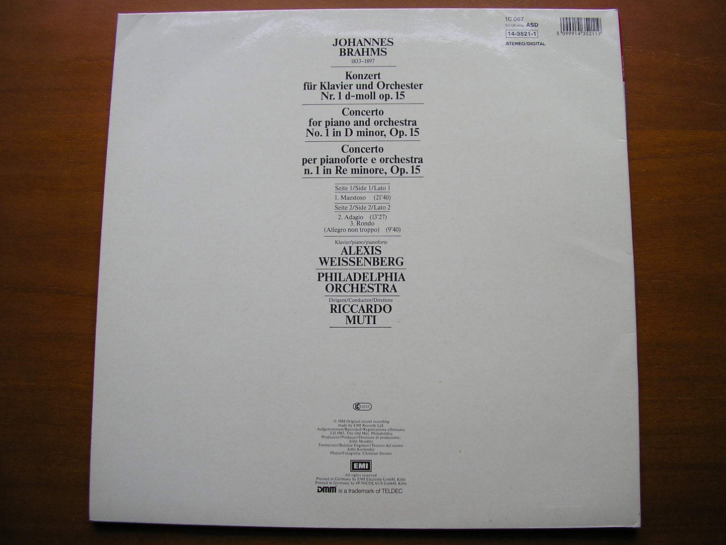 BRAHMS: PIANO CONCERTO No. 1 WEISSENBERG / PHILHADELPHIA ORCHESTRA / MUTI ASD 143521